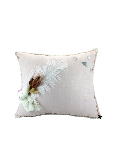 Süslebabypartystore Kuru Çiçek Tanzimli, Ayıcıklı, Takı Yastığı, Pudra Renk Pudra