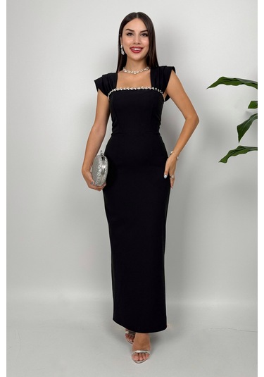 Valentia Madonna Yaka Taş İşlemeli Kalem Siyah Abiye Elbise, Zarif Davet Elbisesi Siyah