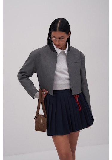 Yüksek Bel Pileli Mini Etek Lacivert