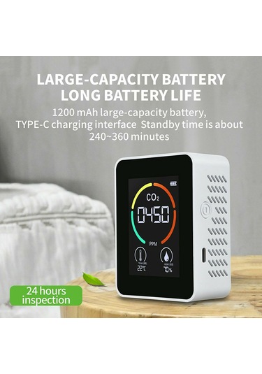 Hangfox Beyaz Taşınabilir Co2 Tespit Cihazı - Hava Kalitesi Analizörü 400-5000ppm Lcd Ekranlı Dijital Göstergeli