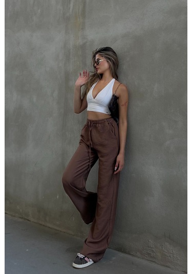 Pembe Keten Karışımlı Bol Kesim Pantolon Kahverengi