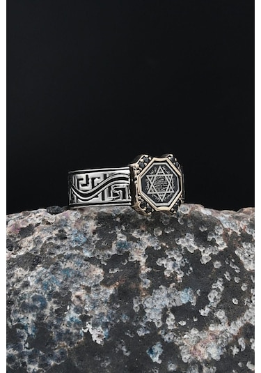 Grek Desenli 925 Ayar Gümüş Erkek Yüzüğü Hz. Süleyman Mührü 901232