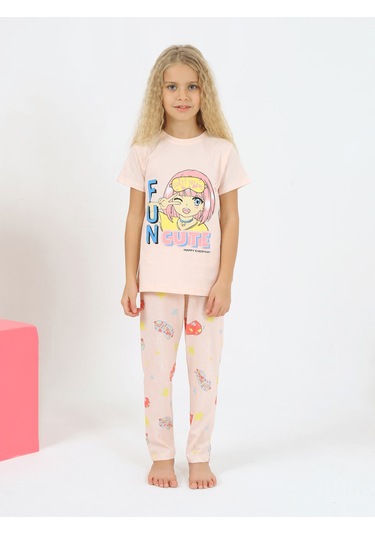 Kız Çocuk Kısa Kollu %100 Pamuklu Flower Up Pijama Takımı Fun Somon