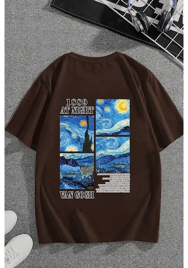 Unisex Van Gogh Baskılı Oversize Tshirt Kahverengi