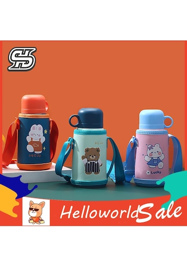 Helloworld İçecek Şişesi Taşıması Kolay Karikatür Çocuk Termal Su Şişesi