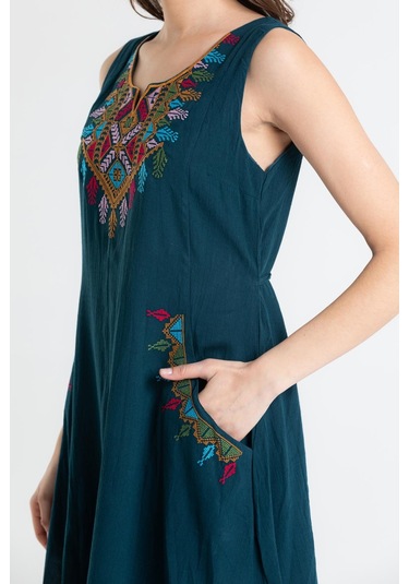 Kolsuz Şile Bezi Antik Nakışlı Midi Boy Elbise Petrol Ptrl-petrol