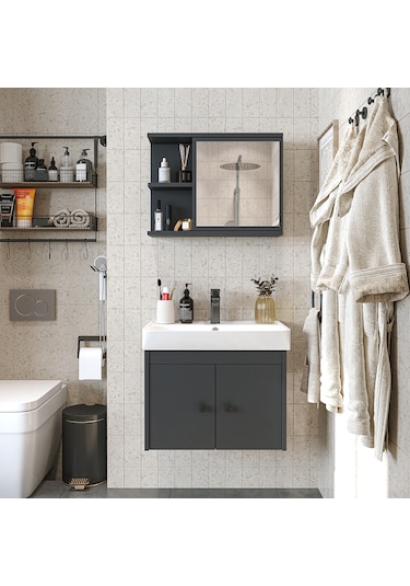 Lavabolu Mat Suntalam 60 Cm Banyo Dolabı, Aynalı Üst Dlp Antrasit