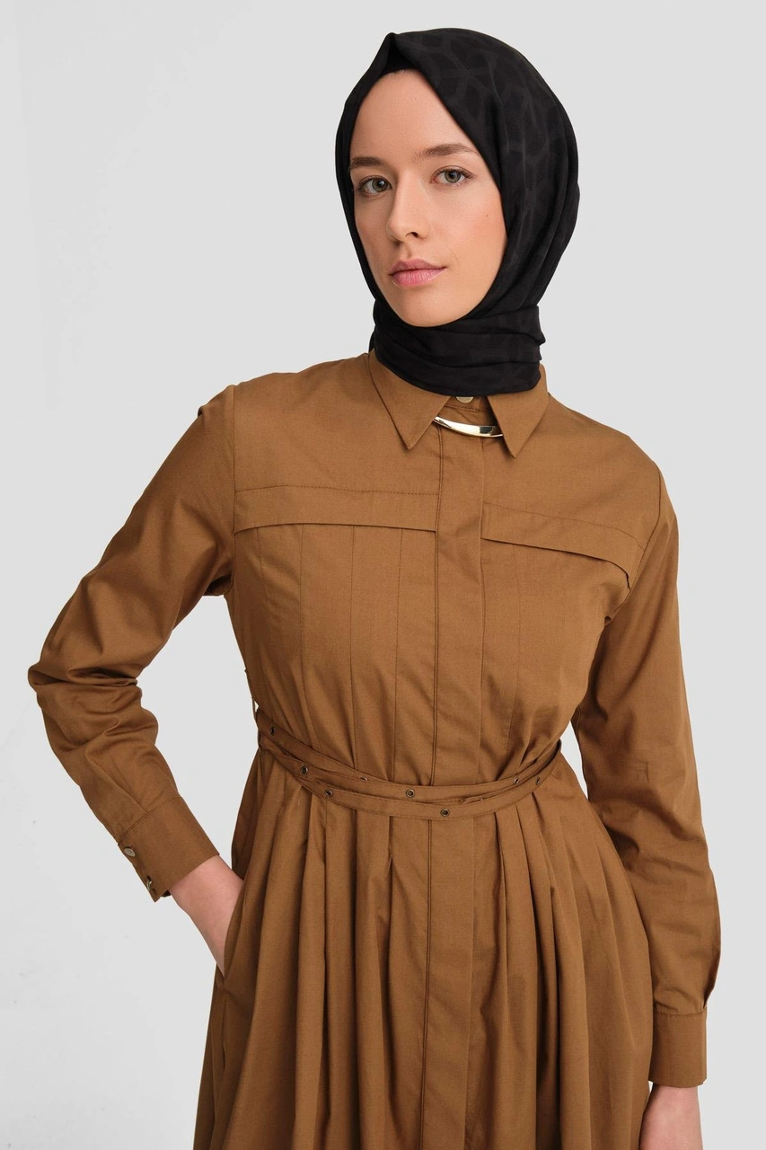 Armine Çapraz Kemerli Pamuk Elbise 24k9903 Taba Kahverengi