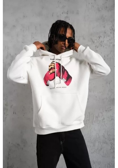 Erkek Eldiven Baskılı Kapüşonlu Sweat - Beyaz renkli