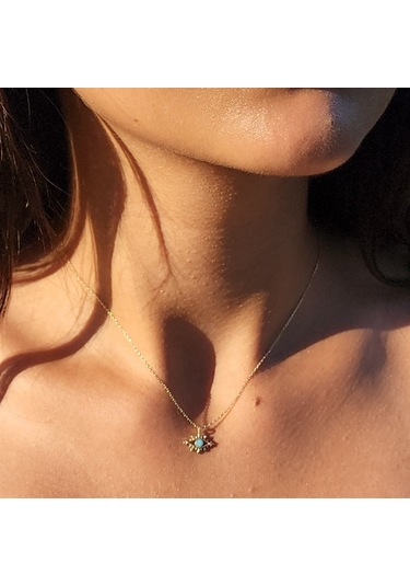 Tasarım Kirpik Nazar Boncuğu Firuze Mineli Göz Tasarım Stil Modern 14 Ayar Altın Kolye- Altın Kolye