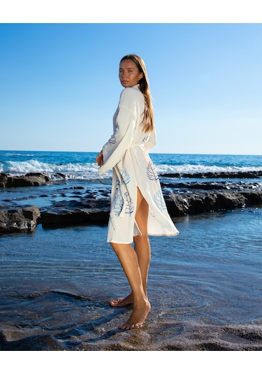 Litustyle Yaprak - Naturel & El Baskılı Pamuk Müslin Kimono Beyaz