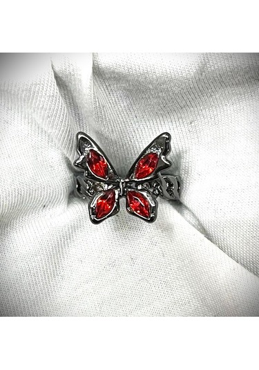 Dükkan Design Kırmızı Taşlı Kelebek Yüzük Antrasit