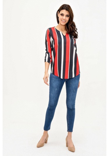 Kadın Lacivert & Kırmızı Yakası Yırtmaçlı Çizgili Krep Bluz Truvakar Kol Kaliteli Dokulu Kumaş Lacivert - Kırmızı