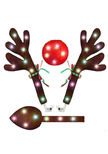 Zoroom Araba Ren Geyiği Boynuzları, Led Işıklı Boynuz Araç Kiti, Ren Geyiği Araç Kiti Boynuzları, Burun, Kuyruk, Araba İçin Noel Süslemeleri -