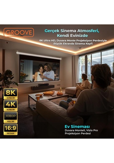 Groove Vizio Pro 150 Inch 332x188cm Blackout Işık Geçirmez Profesyonel Projeksiyon Perdesi +canlı Renkler+göz Koruması+leke Tutmaz Projector