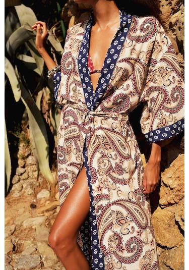 Defacto Regular Fit Kuşaklı Etnik Desenli Pamuklu Kimono-fall İn Love D0456ax25spnv247 Lacivert