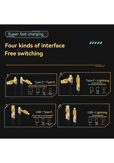 Vkemall 65w Metal Mekanik 4-ü-1 Hızlı Şarj Kablosu, Nilon Örgü, İos/type-c Uyumlu, Araçta Kullanım, 1 Metre Kutulu