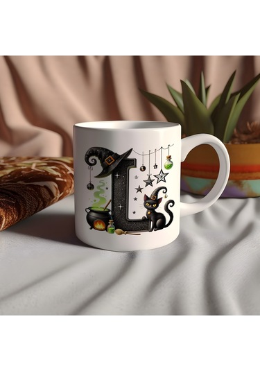 L Harfli Halloween Kedili Figür Kupa Bardak - Şapkalı Ve Kazanlı İsme Özel Kupa - Hediye 07 Beyaz