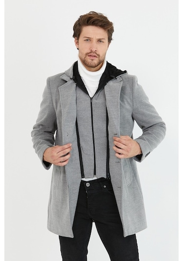 Erkek Açık Gri Yün Karışımlı Kaşe Kapüşonlu Önü Fermuarlı Kaban-Açık Gri