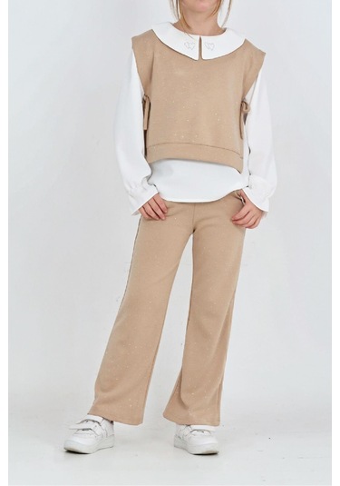 Kız Çocuk 3'lü Takım Pantolon+yelek+bluz 12429 Krem