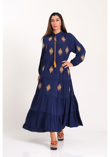 Kadın Lacivert Önü Ve Kolları Otantik Nakışlı Eteği Kat Kat Uzun Elbise-lacivert