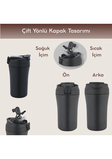Paslanmaz Çelik Bardak Mug Termos 380 Ml Çift Katmanlı, Sızdırmaz Kapaklı-284 Siyah
