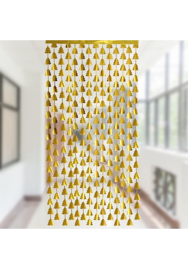 Noel Ağacı Metalik Simli Perde - Altın - 1m 2m, Parlak Püsküller, Folyo Püsküllü Perdeler, Parlak Kapılar Ve Pencereler Diğer