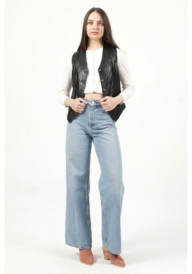 Dericlub Vittoria Kadın Düğmeli Slim Fit Hakiki Deri Yelek Siyah Siyah