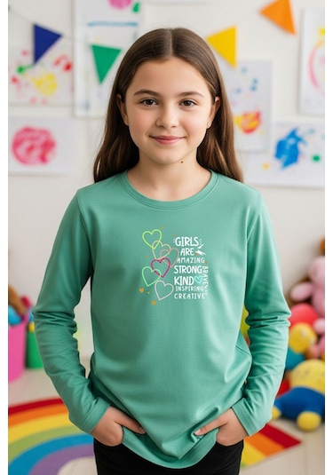 Yuvarlak Yaka Girls Baskı Detaylı Kız Çocuk Sweatshirt Mint
