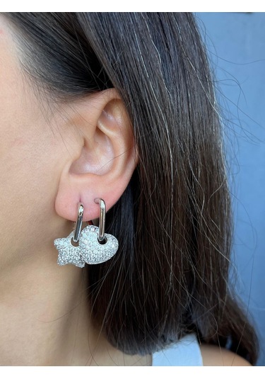 Gümüş Renkli Taşlı Kalpli Küpe