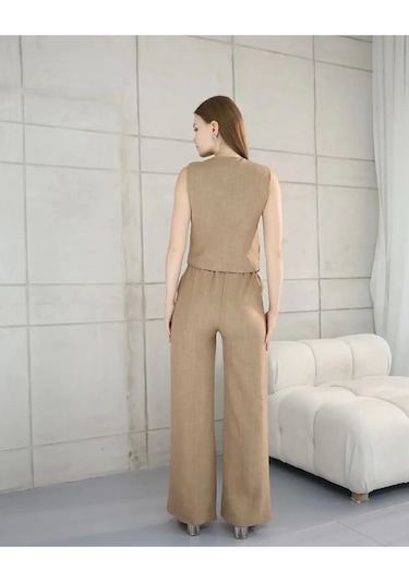 Genculus Rahat Form Yelekli Pantolon Takım Modern Fit Keten Takım Siyah