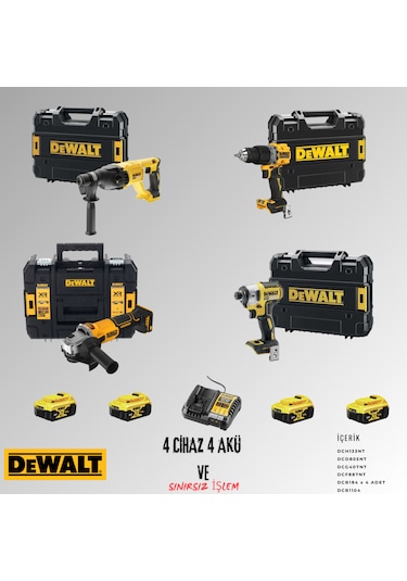 Dewalt DCH133NT + DCD805NT + DCG407NT + DCF887NT 4 Adet 5 Amper Akü + Şarj Aleti Set