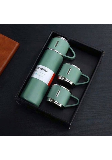 Dekorasyaa Paslanmaz Çelik 3 Bardaklı Termos 500 Ml - Yeşil - Çanta Hediyeli - 12 Saat Sıcak Soğuk Yeşil