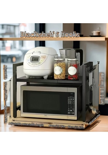 Honeybeeshop Siyah 38 66cm 2 Katmanli Genisletilebilir Mikrodalga Rafi Metal Mutfak Tezgahi Depolama Rafi 6 Sac Tokasi İle Pratik