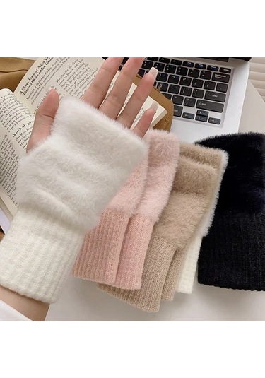 Autumn Winter Soft Mink Fleece Half Finger Gloves Women Plush Çok Renkli