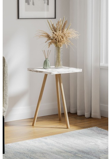İntergo Kare Tasarımlı Ahşap Ayaklı Tekli Zigon Sehpa Beyaz Mermer
