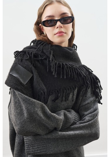 Püsküllü Atkı Siyah Siyah