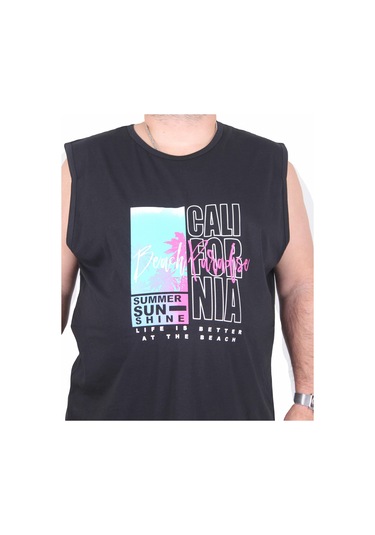 Starbattal Büyük Beden Baskılı Kolsuz Tişört Beach Paradise 25151 Sıyah Siyah