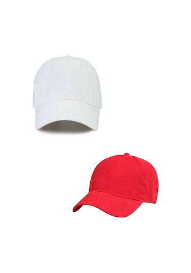 Unisex Ayarlanabilir Spor Kırmızı-beyaz Basic Kep Şapka 2'li Set Kırmızı - Beyaz