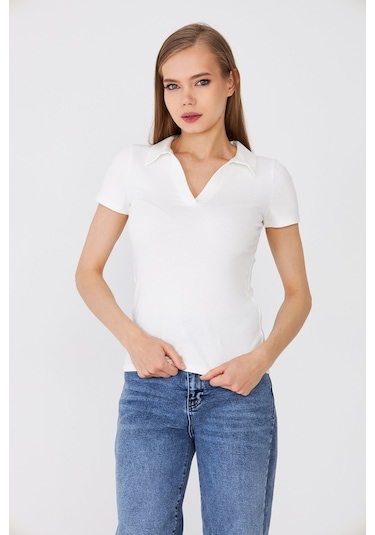 Hdm Kadın Ekru Polo Yaka Fitilli Günlük Bluz - H6038