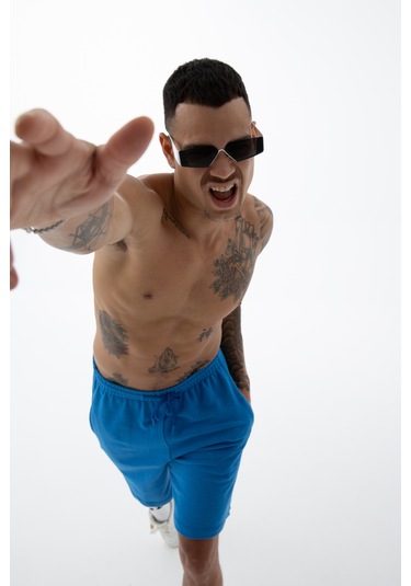 Erkek Mavi Yüksek Kalite Relax-fit Rahat Kesim %100 Pamuk Bağcıklı Siyah Düz Basic Şort Mavi