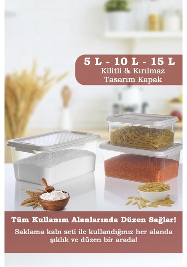 3'lü Organizer Box 5-10-15l Saklama Kabı - Çok Amaçlı Düzenleyici Kilit Kapak Derin Saklama Kutusu Bej