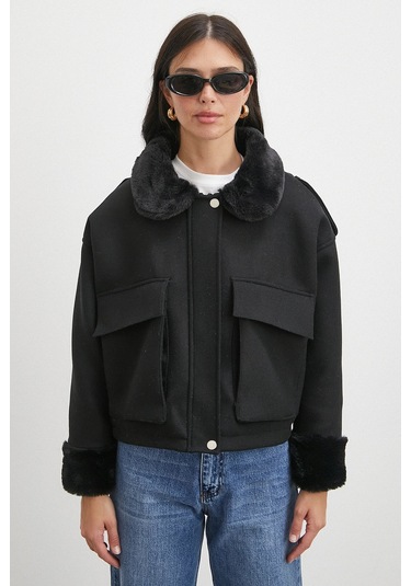 Apoletli Yünlü Körük Cepli Kaşe Mont Siyah Siyah