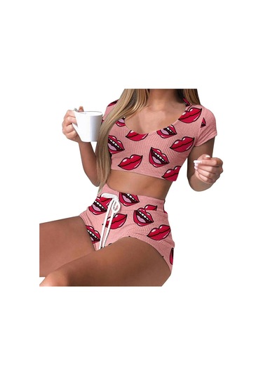 Pembe Moda Kadın O-boyun Kısa Kollu Şort Ev Giyim Pijama Elastik Bel Çizgili Sleepweara Pembe Pembe Moda Kadın O-boyun Kısa Kollu Şort Ev Giyim Pijama Elastik Bel Çizgili Sleepweara Pembe