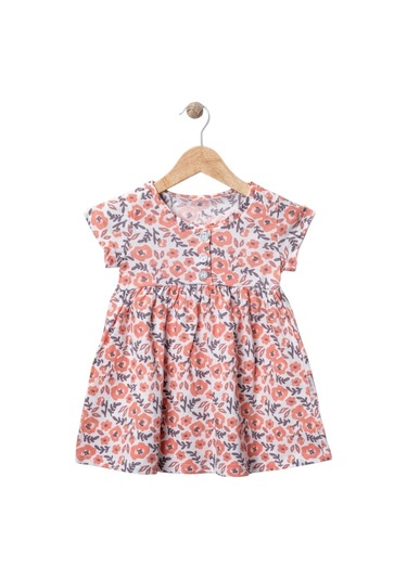 Düğmeli Çiçekli Elbise Nar Çiçeği