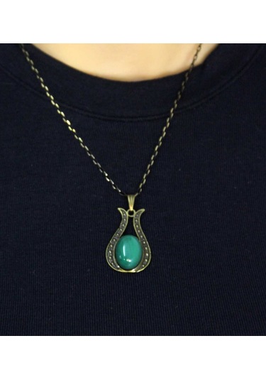 Doğal Taş Yeşil Akik Doğal Taşlı Lale Modelli Antik Kadın Kolye Euk44ya Yeşil