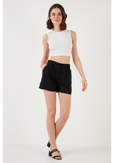 Lela Kırçıllı Regular Fit Cepli Kısa Bayan Şort 5866201 Siyah