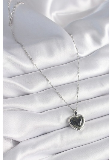 316l Çelik Gümüş Renk Yeşil Mineli Kalp Model Kadın Kolye