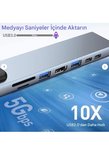 Macbook Pro Air Usb Type-c Hub Dönüştürücü Çevirici Çoklayıcı Usb Hdmı Micro Sd 8 Girişli-4961