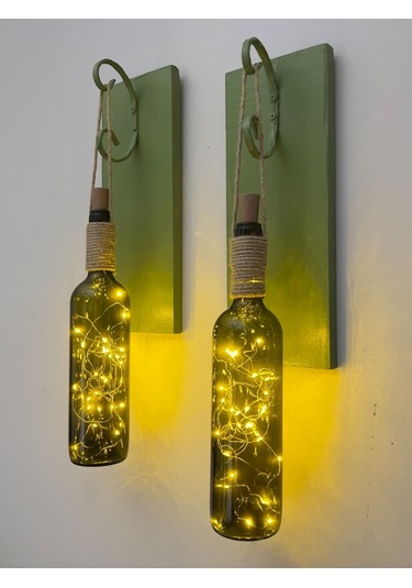Led Işıklı Yeşil Ahşap Renkli Retro Şarap Şişesi Duvar Aplik 2'li Set Yeşil